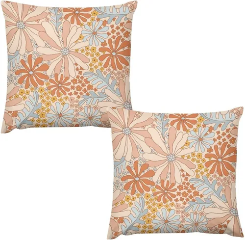 Vista 20 de Juego de 2 fundas de almohada florales retro de los años 70, Groovy Funky Hippie Flor Naranja Estética Boho Fundas de Almohada de 16 x 16 pulgadas