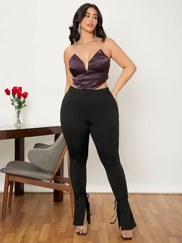 Vista 5 de WDIRARA Pantalones largos de pierna acampanada con abertura frontal y cintura alta para mujer