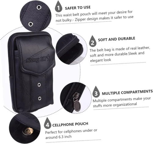 Vista 2 de TENDYCOCO Paquete de 1 bolsa de cintura para hombres monedero para hombres bolso vertical para teléfono móvil bolsa de cuero genuino hombres negro
