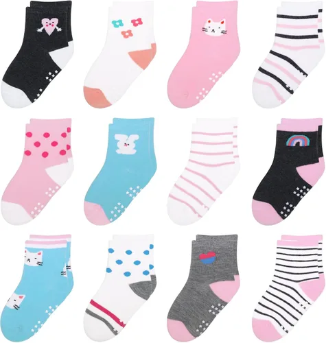 Vista 18 de 12 paquetes de calcetines antideslizantes para niños y bebés con agarre para niños de 1-7 años, calcetines de algodón de tripa para niños y niñas