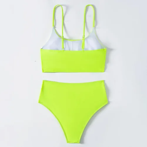 Vista 2 de Conjunto de bikini para mujer 2023, traje de baño sexy, bikini de color sólido, traje de baño de playa, Verde fluorescente