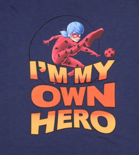 Vista 2 de Bioworld Miraculous Tales Of Ladybug - Camiseta con licencia para niñas con texto en inglés "I My Own Hero", Azul marino