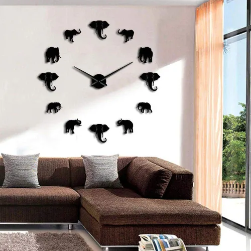 Vista 2 de Reloj de pared, diseño único de elefante con forma de animal, reloj de pared para bricolaje, espejo acrílico, decoración para el hogar