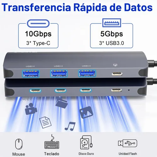 Vista 5 de Hub USB C 8 en 1, Hub de salida de video USB C con 4K a 60Hz, divisor USB C de 10 Gbps, carga PD de 100 W, transferencia de datos, adaptador