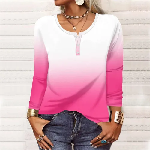 Vista 2 de Camisetas de entrenamiento para mujer, de manga larga, con botones, cuello en V, estampadas, casuales, holgadas