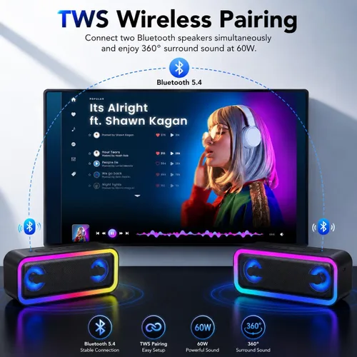 Vista 5 de Altavoz Bluetooth portátil, altavoz inalámbrico estéreo de 30 W con graves profundos y luces RGB, Bluetooth 5.4, IPX7 impermeable, tiempo