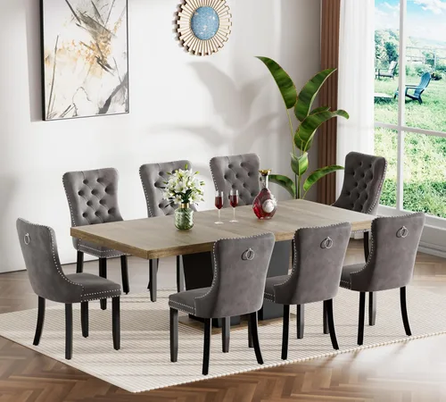 Vista 25 de Henf Juego de mesa de comedor extensible de 78 pulgadas para 6 mesas rectangulares de madera de 7 piezas con 6 sillas tapizadas de terciopelo, mesa