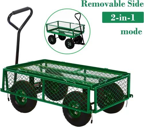 Vista 2 de Carrito de jardín de acero resistente, carrito utilitario para patio, carrito utilitario para césped al aire libre con lados extraíbles y ruedas