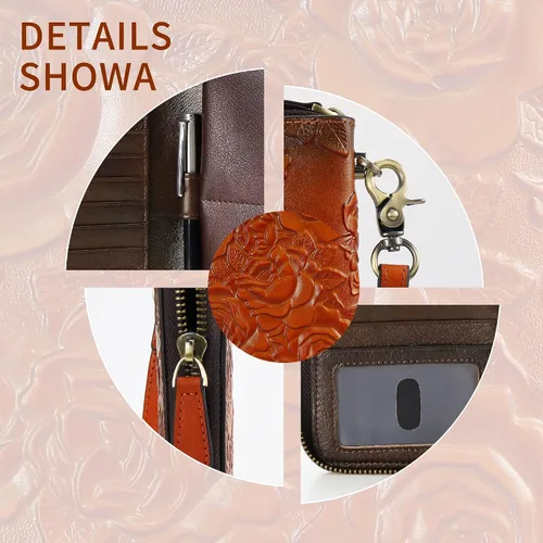 Vista 4 de Cartera de cuero con bloqueo RFID para mujer, de gran capacidad, con correa de mano desmontable