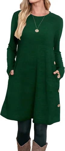 Vista 3 de OFEEFAN Vestido largo de manga larga para mujer, trajes de otoño con bolsillos y botones