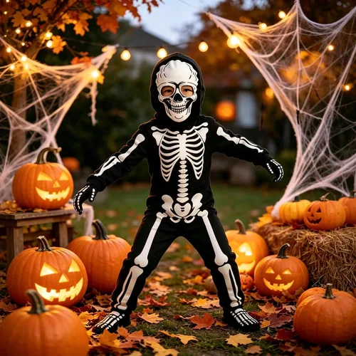 Vista 7 de Disfraz de esqueleto de Halloween para niños, body de esqueleto que