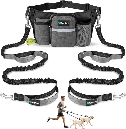 Vista 10 de PetAmi Correa de perro manos libres premium para 2 perros, correa de cinturón ajustable para caminar con perro, bolsa de accesorios de mochila