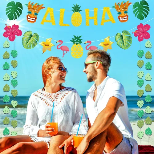 Vista 4 de Decoraciones de fiesta hawaiana Aloha – Cartel dorado brillante Aloha para suministros de fiesta temática de Luau tropical de Hawaii