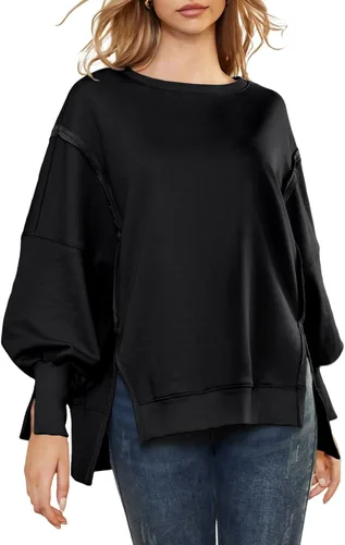 Vista 2 de AUTOMET Sudaderas de gran tamaño para mujer, estilo casual, cuello redondo, manga larga, con abertura, ropa de moda de otoño 2023