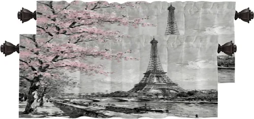 Vista 39 de Cortinas opacas de cocina con pintura al óleo de Europa rosa y negra para ventanas, cenefas opacas modernas de torre Eiffel de poliéster multicapa