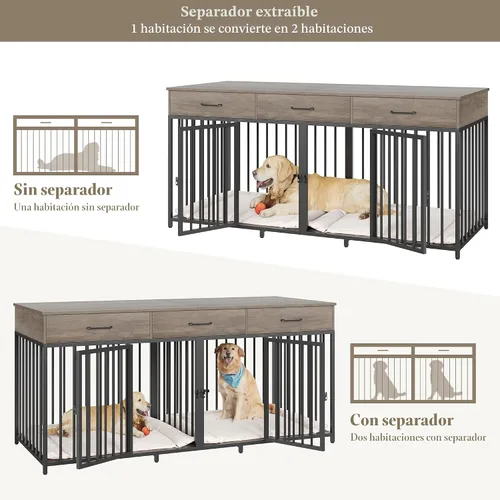 Vista 5 de HOSTACK Mueble doble para perros, perrera de 71 pulgadas de ancho para interiores con 3 cajones, jaula de granja para perros para 2 perros Gris