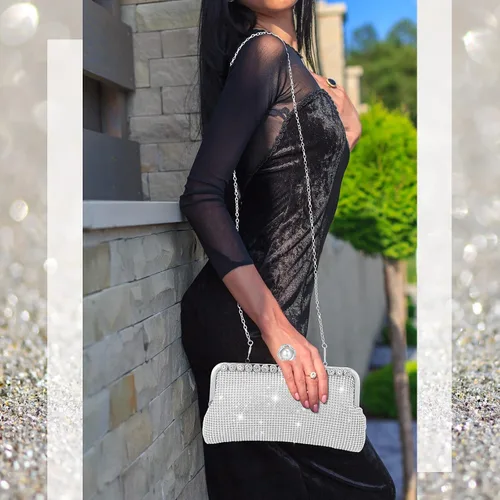 Vista 7 de Bolso de mano para mujer, bolso de noche con diamantes de imitación y purpurina de doble cara con cadena, bolso cruzado de hombro para fiesta