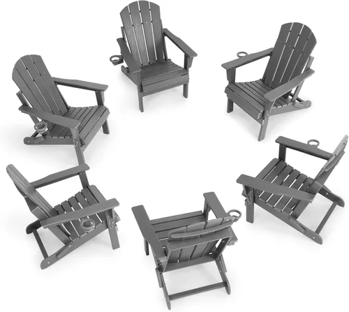 Vista 17 de Silla Adirondack plegable de HDPE, silla de patio al aire libre con soporte para tazas, silla de césped de grano de madera resistente a