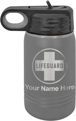 Vista 72 de LaserGram Botella de agua personalizada, salvavidas, acero inoxidable de doble pared aislada al vacío con popote superior, regalo grabado Negro