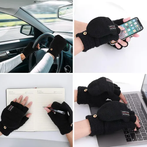 Vista 21 de THINP Guantes sin dedos para mujeres y hombres, guantes de invierno, guantes de lana cálida de punto sin dedos con tapa, guantes convertibles