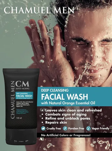 Vista 3 de CHAMUEL MEN Limpiador facial antienvejecimiento: limpieza profunda y exfoliante para hombre combate el acné y las arrugas con rosa mosqueta