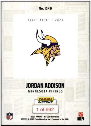 Vista 2 de JORDAN ADDISON RC 2023 Panini Instant Draft Night ROOKIE /662#DN9 Vikings NM+-MT+ NFL Football