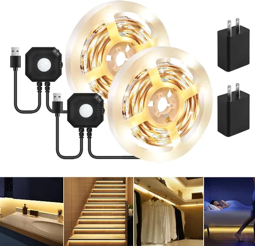Vista 7 de Tira de luces LED activadas por movimiento, de 9.84 pies, color blanco cálido, no impermeable, alimentado por USB, con sensor de movimiento