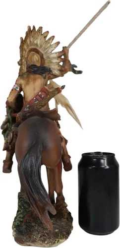 Vista 7 de Ebros Tribal Nativo Americano Guerrero jefe indio con gorro de guerra tocado de águila cargando en caballo, estatua de lanza lanzando caballo, 13.25