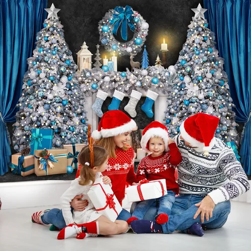 Vista 2 de Avezano Telón de fondo para chimenea de Navidad, cajas de regalo de juguetes, fondo de árbol de Navidad para fotografía, vintage, azul y blanco