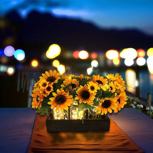 Vista 5 de SietDESEO Centro de mesa de madera con flores artificiales de girasol grande, decoración rústica de mesa para comedor, cocina, boda, decoración
