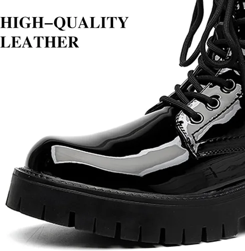 Vista 4 de Botas de combate con plataforma de charol negro para hombre, puntera ancha, con cordones, suela con cremallera lateral, antideslizantes, botas