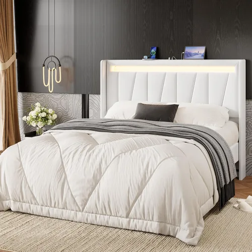 Vista 12 de SHA CERLIN - Base de cama tamaño King con estación de carga y luces LED, cama moderna de plataforma de terciopelo con cabecera tapizada geométrica