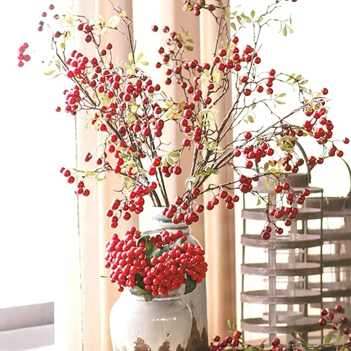 Vista 7 de Paquete de 3 tallos artificiales de bayas rojas, ramo de flores artificiales de 27.5 pulgadas para centro de mesa, jarrón, hogar, boda, Navidad