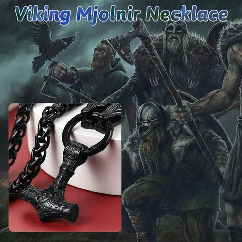 Vista 4 de FaithHeart Collar punk nórdico vikingo para hombre collar grueso acero inoxidable Mjolnirnudo celta cabeza de lobo colgante de amuleto joyería