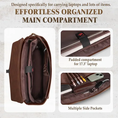 Vista 4 de RAINSMORE Bolsa de mensajero para hombre de 17 pulgadas, maletín para computadora portátil, impermeable, de cuero, para trabajo, oficina, viajes