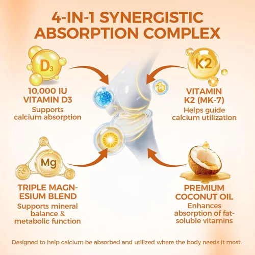 Vista 5 de Vitamina D3 K2 de 10000 UI, extra fuerte Wellness D3K2 con triple magnesio y aceite de coco para una máxima absorción, apoya la salud ósea e