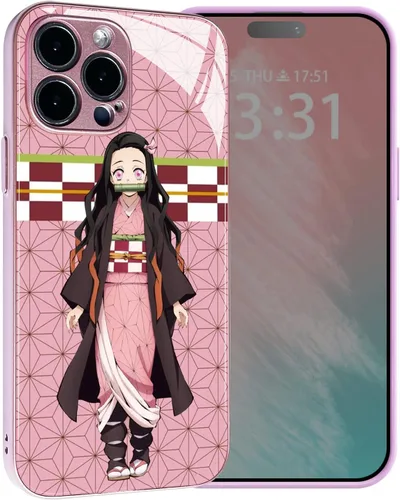 Vista 7 de Nezuko Kamado Anime Rosa Funda de Teléfono - Concha Protectora de Vidrio Templado con Patrón de Personajes de Manga para iPhone 11 Pro