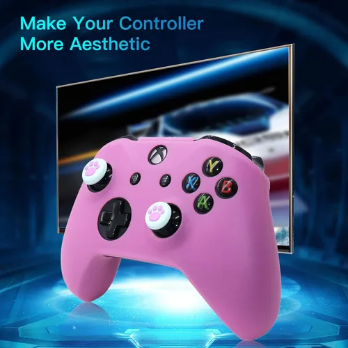 Vista 7 de HLRAO - Skins rosados para control Xbox One S funda protectora de silicona para Microsoft Xbox 1s WirelessWired Gamepad Joystick con 6 tapas rosadas