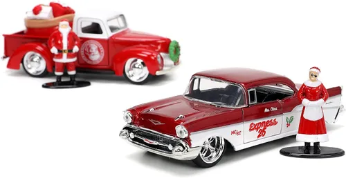 Vista 5 de Jada Toys Holiday Rides 1:32 1941 Ford Pickup y 1957 Chevy Bel-Air - Coche fundido a presión con figura de Papá Noel y Sra. Santa Claus de 1.65