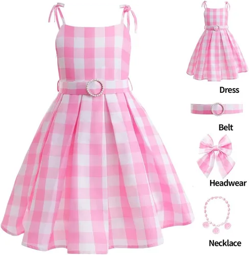 Vista 2 de HUYMHTER Vestido de disfraz rosa para niñas, disfraz de película, cosplay, fiesta de Halloween, disfraz