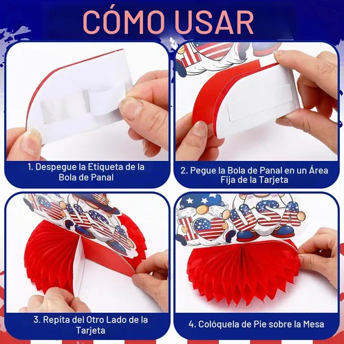 Vista 4 de JULMELON Paquete de 8 piezas de decoraciones de mesa para el 4 de julio, centros de mesa de panal, centros de mesa dobles de 3D para el 4 de julio