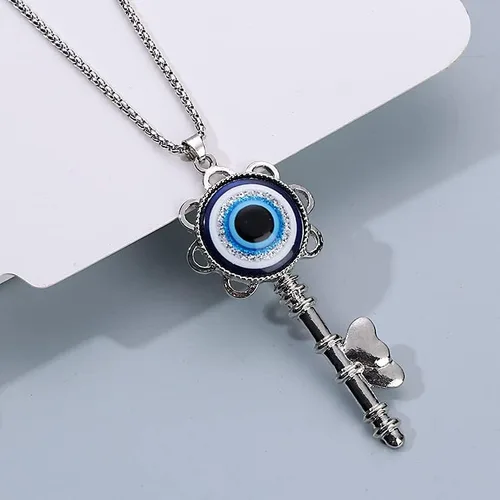 Vista 2 de Caiyao Collar con dije de corazón de disco Hamsa con llave de mal de ojo, collar de cadena de ojo emo, collar de cadena de cristal con diamantes