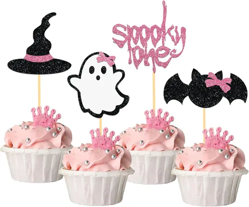 Vista 17 de 24 piezas de adornos de Halloween para cupcakes fantasmas, palillos de revelación de género para niños y niñas, adornos para tartas rosas y azules