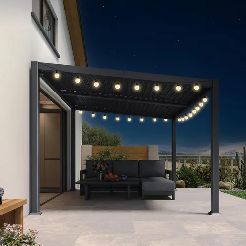 Vista 30 de PURPLE LEAF Pérgola con listones de techo rígido de 8 x 10, pérgola de aluminio para patio al aire libre con techo ajustable a prueba de lluvia