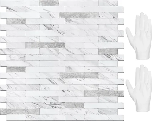 Vista 8 de STICKGOO Azulejo de protección contra salpicaduras para despegar y pegar, para cocina y baño, aspecto de madera negra y gris, PVC, mezcla de metal