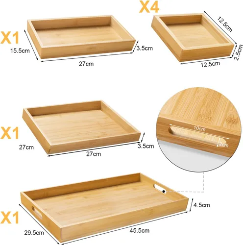 Vista 2 de Bandejas de madera para servir con asa - Juego de 7 - Grande, Mediana, Pequeña y Mini - Bandejas anidadas multiusos - para desayuno, mesa