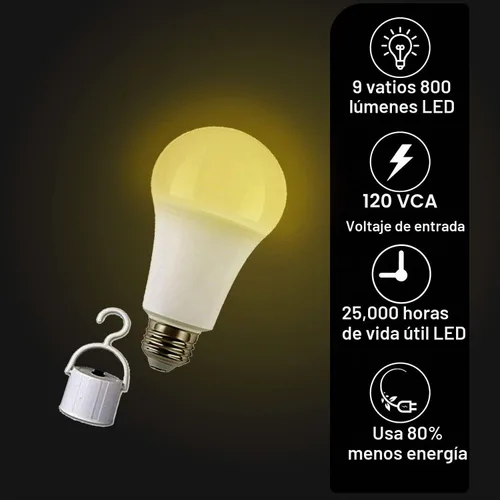 Vista 3 de Bombilla LED de emergencia blanca cálida de 9 W, 4 unidades, 120 V CA, 850 lúmenes, batería de respaldo, larga vida útil