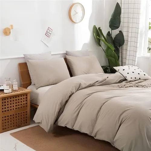 Vista 3 de INDACORIFY Funda de edredón de algodón de color beige, funda de cama de algodón suave lavado a la piedra, juego de 3 piezas, funda de edredón