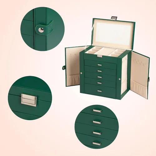 Vista 4 de Frebeauty Joyero grande, organizador de joyas de piel sintética de 6 niveles con cerradura, estuche de almacenamiento multifuncional con espejo
