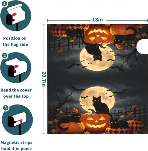 Vista 6 de Halloween Pumpkin Black Cat Mailbox Covers Magnetic Standard Size 18 X 21 Fall Maple leaves Spooky Themed Holiday Decorations Mailbox Wrap Post